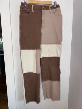 Hollister Patchwork Baggy Dad Jeans Brown Cream Straight leg Y2K Indie Sleaze